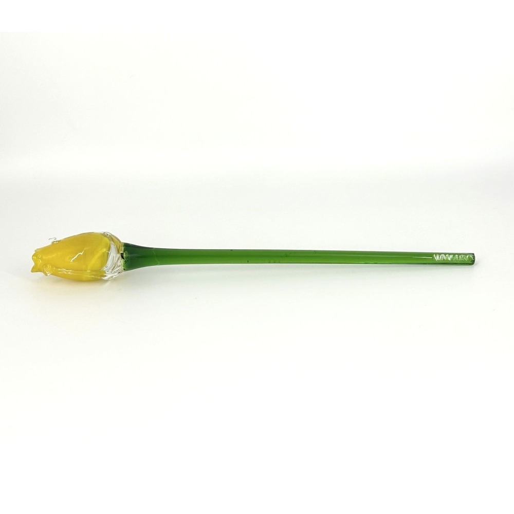 Glass Yellow Rose Bud Murano Style Flower w/Green Stem 12" Long - SEE PICS - Picture 2 of 8